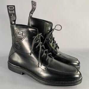 ETRO Size 12 Black Leather Pixel Art Lace-Up Boots